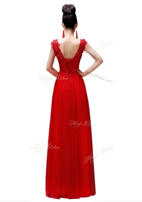Deluxe Scoop Beading Dress for Prom Coral Red Lace Up Cap Sleeves Floor Length