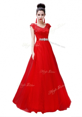 Deluxe Scoop Beading Dress for Prom Coral Red Lace Up Cap Sleeves Floor Length