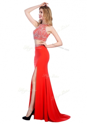 Elegant Chiffon High-neck Sleeveless Sweep Train Criss Cross Beading in Coral Red