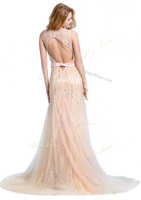 Exquisite Scoop Tulle Sleeveless With Train Prom Gown Brush Train and Beading