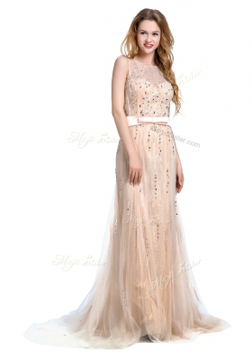Exquisite Scoop Tulle Sleeveless With Train Prom Gown Brush Train and Beading