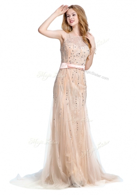 Exquisite Scoop Tulle Sleeveless With Train Prom Gown Brush Train and Beading
