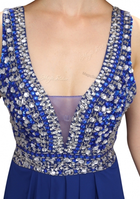 Fabulous Royal Blue Empire Beading Dress for Prom Zipper Chiffon Sleeveless Floor Length