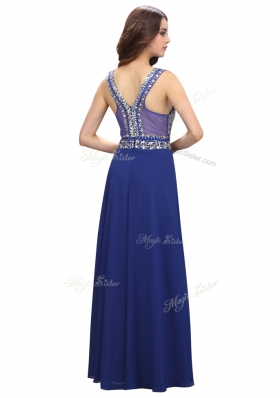 Fabulous Royal Blue Empire Beading Dress for Prom Zipper Chiffon Sleeveless Floor Length