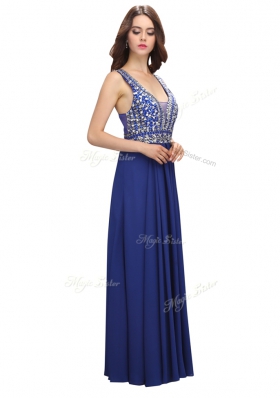 Fabulous Royal Blue Empire Beading Dress for Prom Zipper Chiffon Sleeveless Floor Length