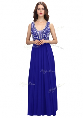 Fabulous Royal Blue Empire Beading Dress for Prom Zipper Chiffon Sleeveless Floor Length