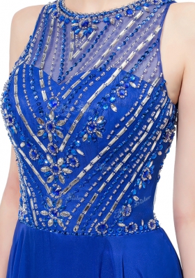 Fashion Royal Blue Column/Sheath Chiffon Scoop Sleeveless Beading Floor Length Zipper Prom Party Dress