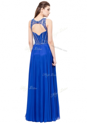Fashion Royal Blue Column/Sheath Chiffon Scoop Sleeveless Beading Floor Length Zipper Prom Party Dress