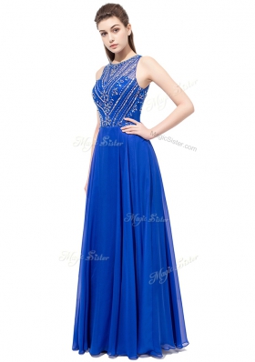 Fashion Royal Blue Column/Sheath Chiffon Scoop Sleeveless Beading Floor Length Zipper Prom Party Dress