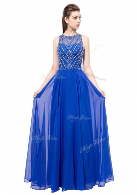 Fashion Royal Blue Column/Sheath Chiffon Scoop Sleeveless Beading Floor Length Zipper Prom Party Dress