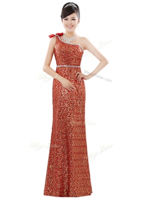 Fashionable Sequined One Shoulder Sleeveless Zipper Beading and Sequins Prom Dress in Orange