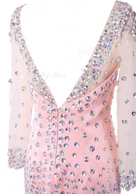Glittering Scoop Pink Zipper Prom Gown Beading Long Sleeves Mini Length