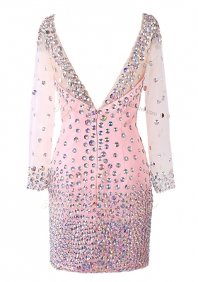 Glittering Scoop Pink Zipper Prom Gown Beading Long Sleeves Mini Length