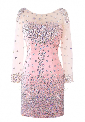 Glittering Scoop Pink Zipper Prom Gown Beading Long Sleeves Mini Length