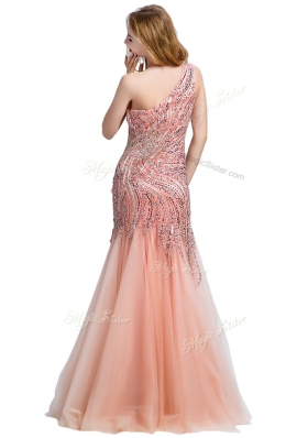 Mermaid Peach Tulle Side Zipper One Shoulder Sleeveless Floor Length Dress for Prom Beading