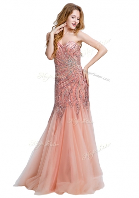 Mermaid Peach Tulle Side Zipper One Shoulder Sleeveless Floor Length Dress for Prom Beading