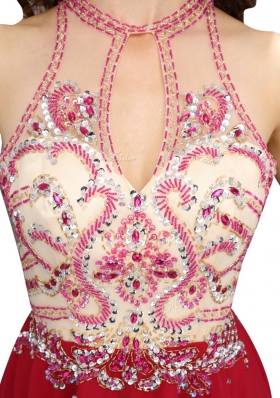 Mini Length Red Dress for Prom Chiffon Sleeveless Beading