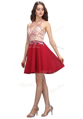 Mini Length Red Dress for Prom Chiffon Sleeveless Beading