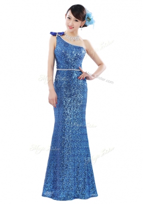 One Shoulder Blue Sleeveless Sequins Floor Length Evening Dress