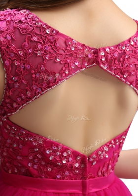 Organza Bateau Sleeveless Zipper Beading Dress for Prom in Fuchsia