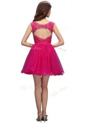Organza Bateau Sleeveless Zipper Beading Dress for Prom in Fuchsia