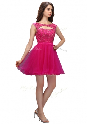 Organza Bateau Sleeveless Zipper Beading Dress for Prom in Fuchsia