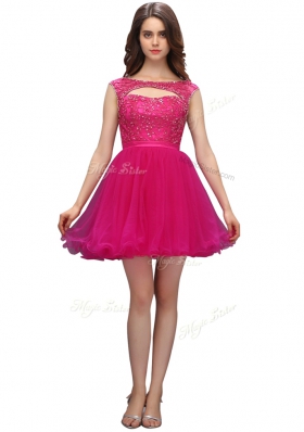 Organza Bateau Sleeveless Zipper Beading Dress for Prom in Fuchsia