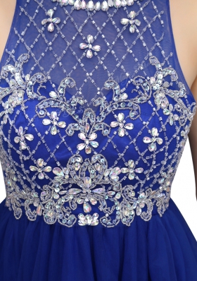 Popular Royal Blue A-line High-neck Sleeveless Organza Mini Length Zipper Beading
