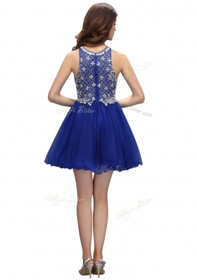 Popular Royal Blue A-line High-neck Sleeveless Organza Mini Length Zipper Beading