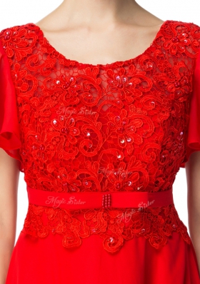 Pretty Floor Length Red Evening Dress Scoop Short Sleeves Backless