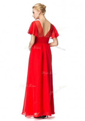 Pretty Floor Length Red Evening Dress Scoop Short Sleeves Backless
