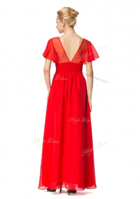 Pretty Floor Length Red Evening Dress Scoop Short Sleeves Backless