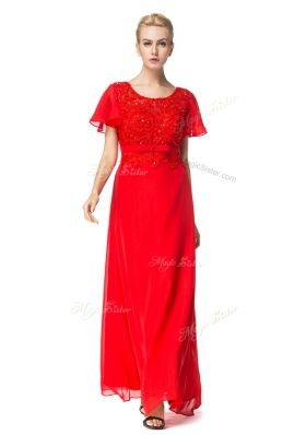 Pretty Floor Length Red Evening Dress Scoop Short Sleeves Backless