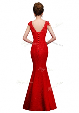 Red V-neck Lace Up Lace Prom Evening Gown Sleeveless