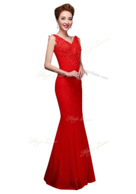 Red V-neck Lace Up Lace Prom Evening Gown Sleeveless