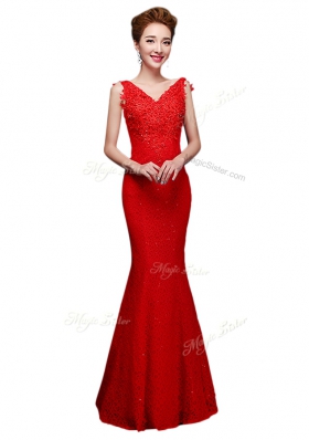 Red V-neck Lace Up Lace Prom Evening Gown Sleeveless