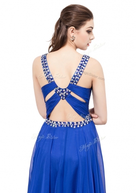 Royal Blue Chiffon Criss Cross Evening Dress Sleeveless With Train Sweep Train Beading
