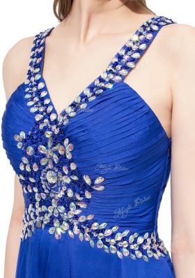 Royal Blue Chiffon Criss Cross Evening Dress Sleeveless With Train Sweep Train Beading