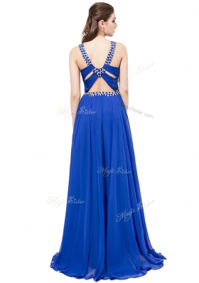 Royal Blue Chiffon Criss Cross Evening Dress Sleeveless With Train Sweep Train Beading
