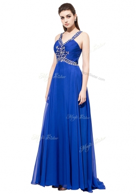 Royal Blue Chiffon Criss Cross Evening Dress Sleeveless With Train Sweep Train Beading