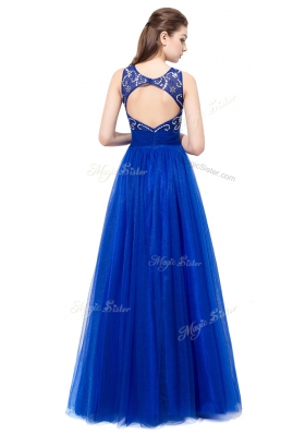 Scoop Beading Prom Party Dress Royal Blue Backless Sleeveless Floor Length
