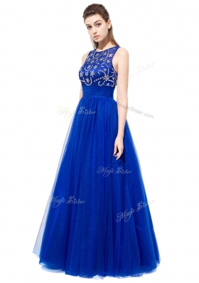 Scoop Beading Prom Party Dress Royal Blue Backless Sleeveless Floor Length