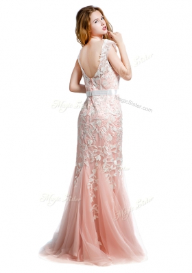 Scoop Cap Sleeves Brush Train Zipper Prom Gown Pink Tulle