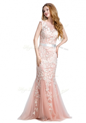 Scoop Cap Sleeves Brush Train Zipper Prom Gown Pink Tulle