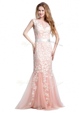 Scoop Cap Sleeves Brush Train Zipper Prom Gown Pink Tulle