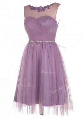 Sexy Scoop Lavender Sleeveless Knee Length Beading and Appliques Zipper Homecoming Dress