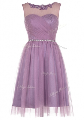 Sexy Scoop Lavender Sleeveless Knee Length Beading and Appliques Zipper Homecoming Dress