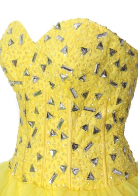 Smart Yellow Sleeveless Mini Length Beading and Ruffled Layers Zipper Prom Evening Gown