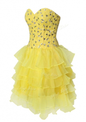 Smart Yellow Sleeveless Mini Length Beading and Ruffled Layers Zipper Prom Evening Gown