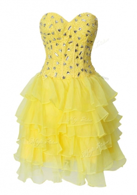 Smart Yellow Sleeveless Mini Length Beading and Ruffled Layers Zipper Prom Evening Gown